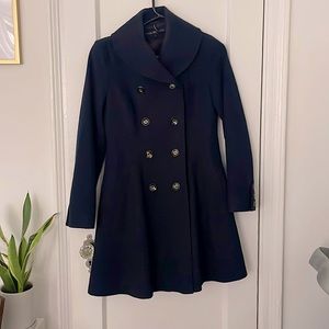 Via Spiga Wool Coat in Navy Blue. Fit and flare with black and gold buttons
